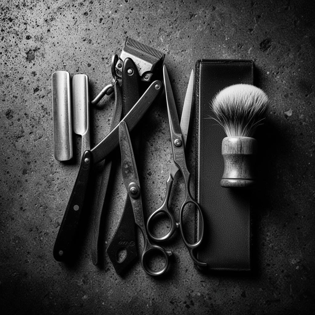 Profesjonalne narzędzia barberskie na betonowej powierzchni