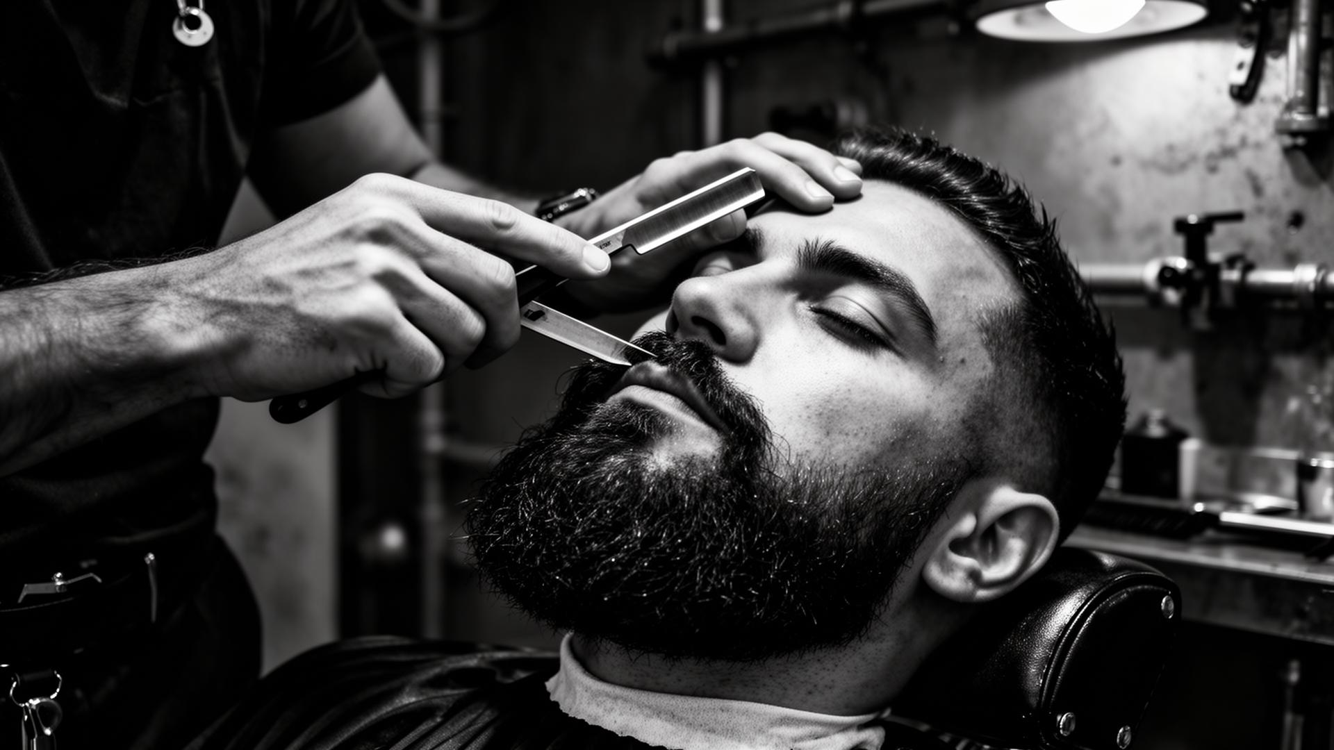 Barber precyzyjnie golący brodę brzytwą